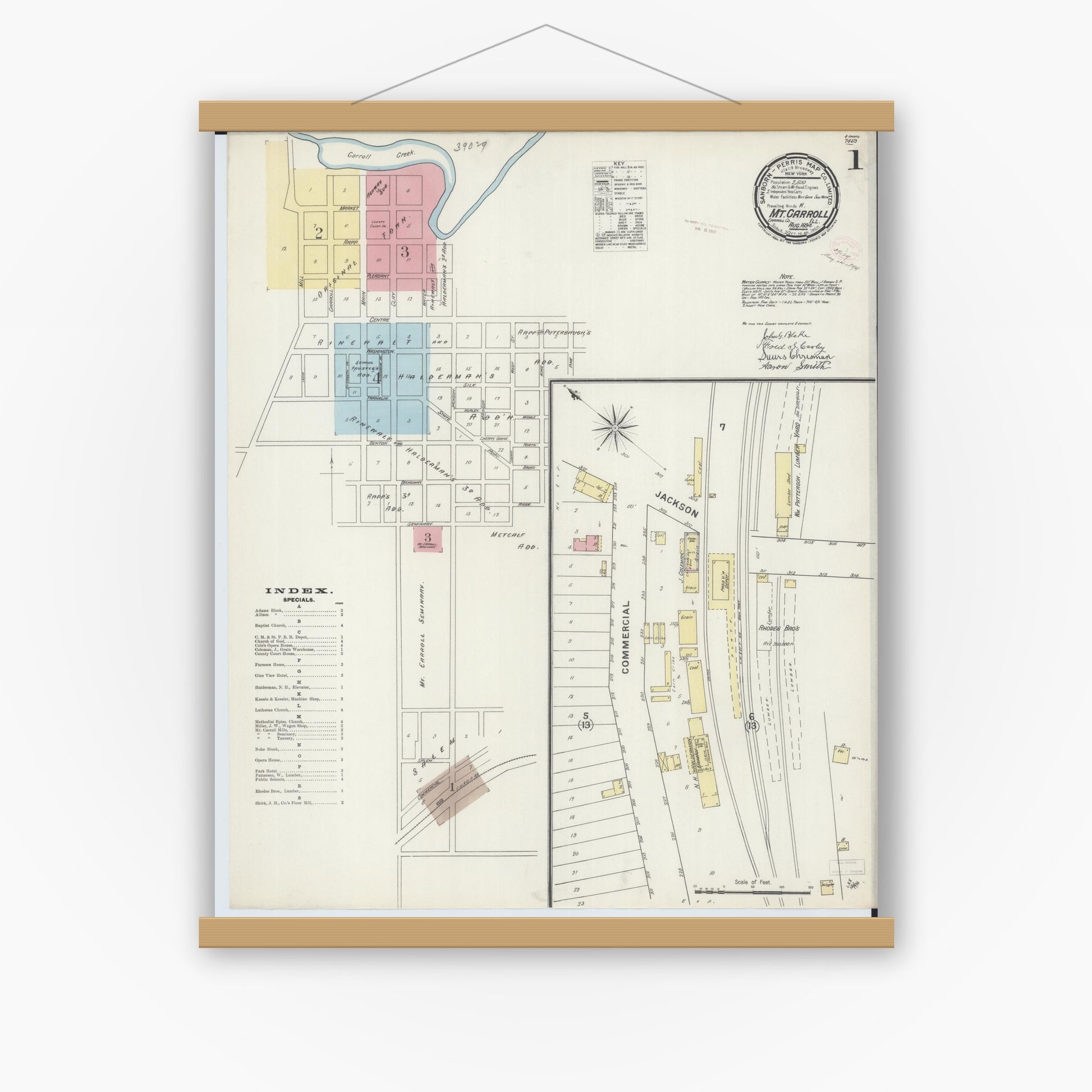 Old map wall art mockup — magnetic wood frame on white wall — Sanborn Fire Insurance Map from Mount Carroll, Carroll County, Illinois (1894) - Complete Map Set