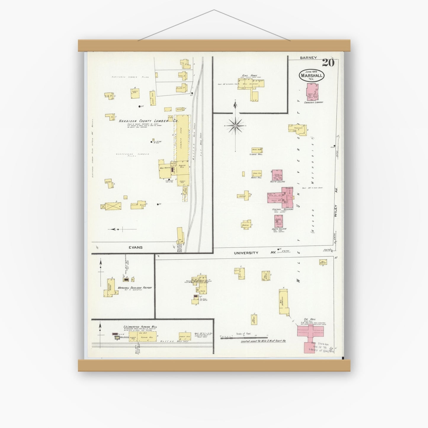 Old map wall art mockup — magnetic wood frame on white wall — Sanborn Fire Insurance Map from Marshall, Harrison County, Texas (1909), Sheet #0020