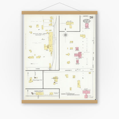 Old map wall art mockup — magnetic wood frame on white wall — Sanborn Fire Insurance Map from Marshall, Harrison County, Texas (1909), Sheet #0020