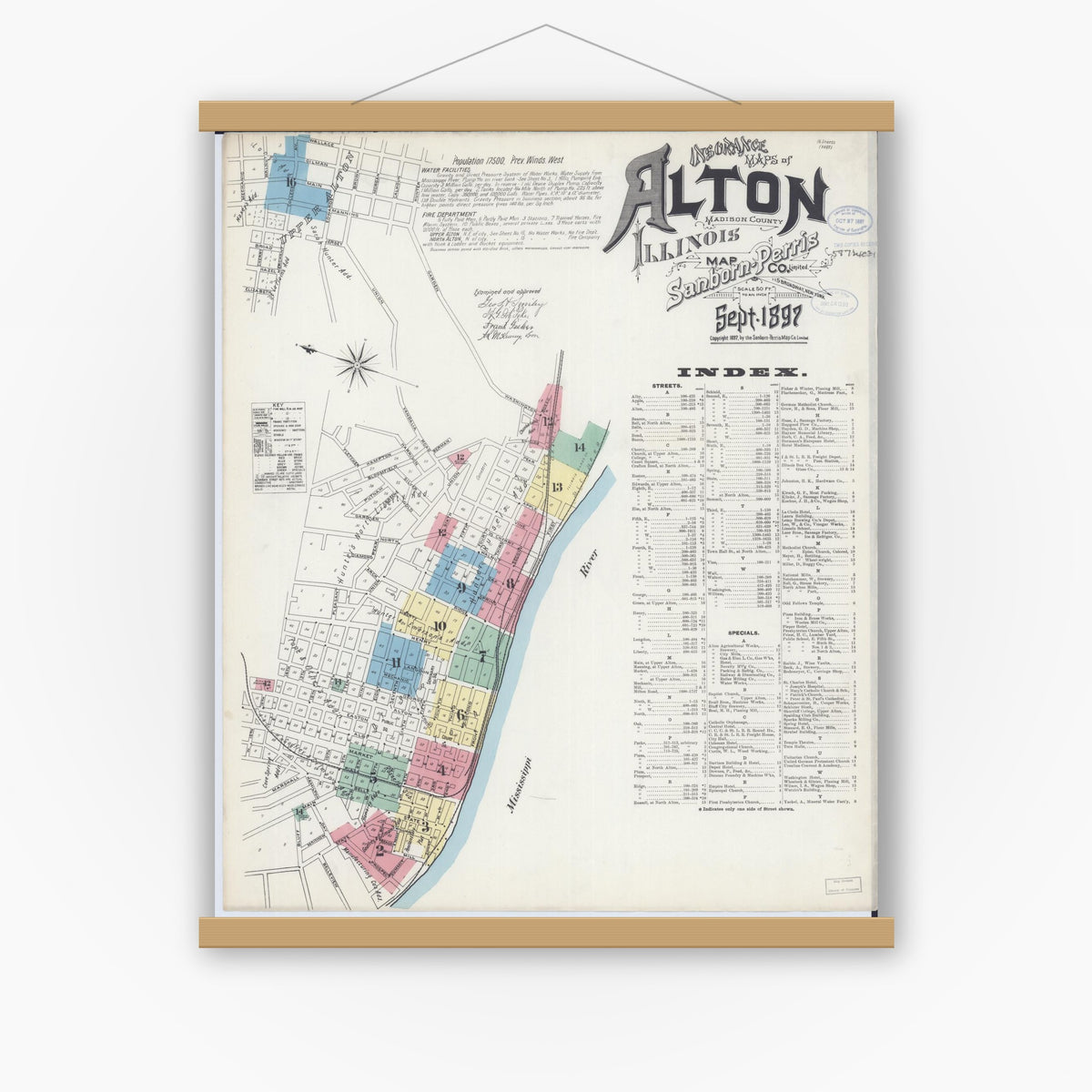 Old map wall art mockup — magnetic wood frame on white wall — Sanborn Fire Insurance Map from Alton, Madison County, Illinois (1897) - Complete Map Set