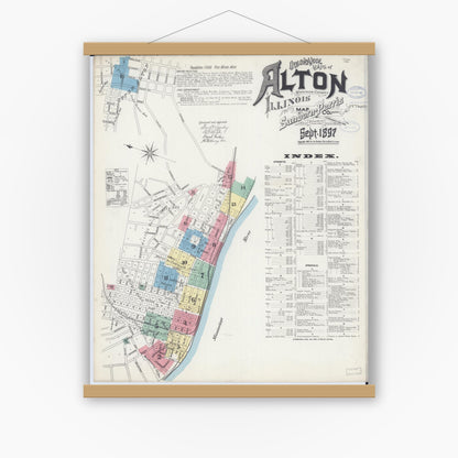 Old map wall art mockup — magnetic wood frame on white wall — Sanborn Fire Insurance Map from Alton, Madison County, Illinois (1897) - Complete Map Set