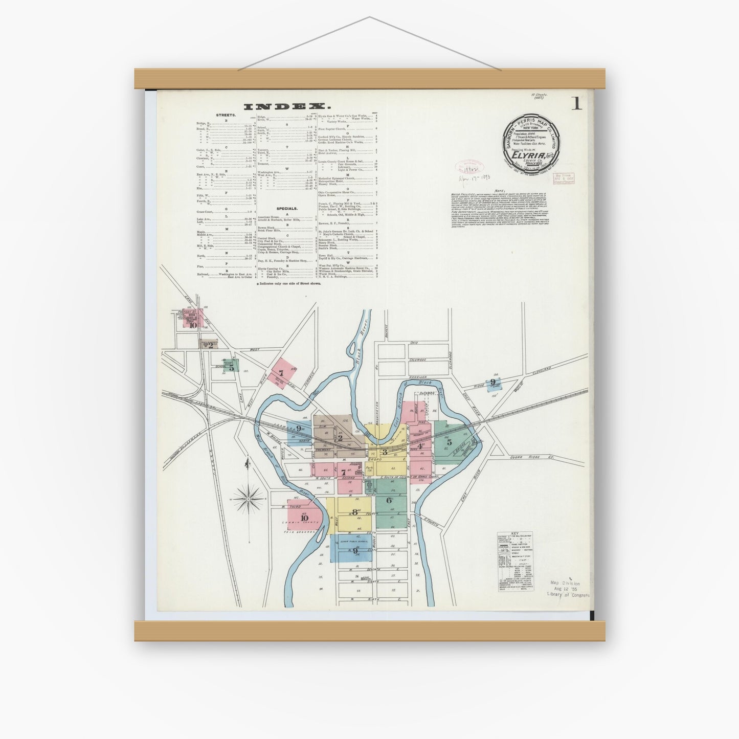 Old map wall art mockup — magnetic wood frame on white wall — Sanborn Fire Insurance Map from Elyria, Lorain County, Ohio (1893), Sheet #0001