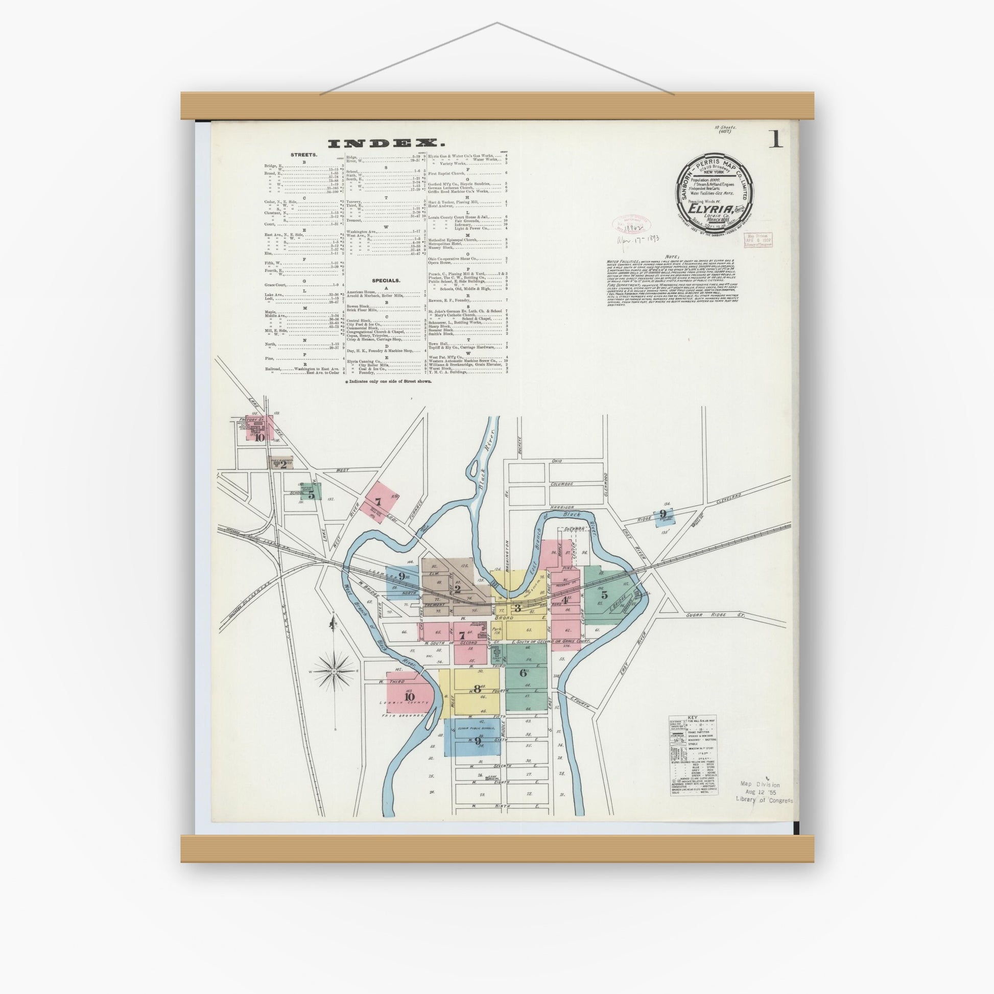 Old map wall art mockup — magnetic wood frame on white wall — Sanborn Fire Insurance Map from Elyria, Lorain County, Ohio (1893), Sheet #0001