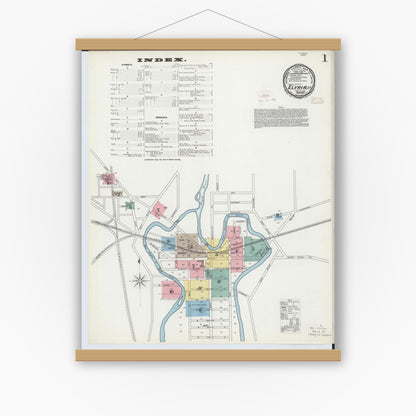 Old map wall art mockup — magnetic wood frame on white wall — Sanborn Fire Insurance Map from Elyria, Lorain County, Ohio (1893), Sheet #0001
