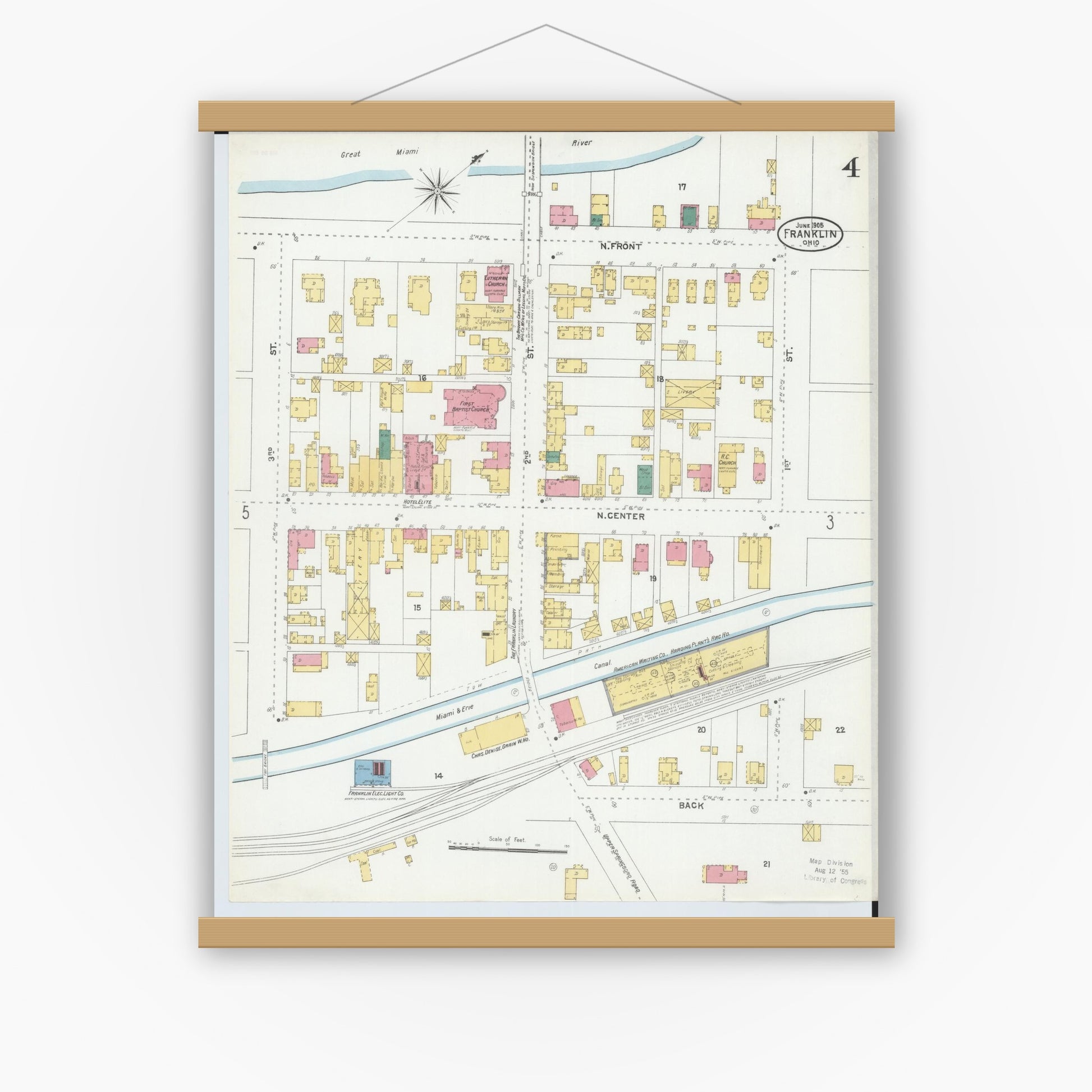 Old map wall art mockup — magnetic wood frame on white wall — Sanborn Fire Insurance Map from Franklin, Warren County, Ohio (1905), Sheet #0004