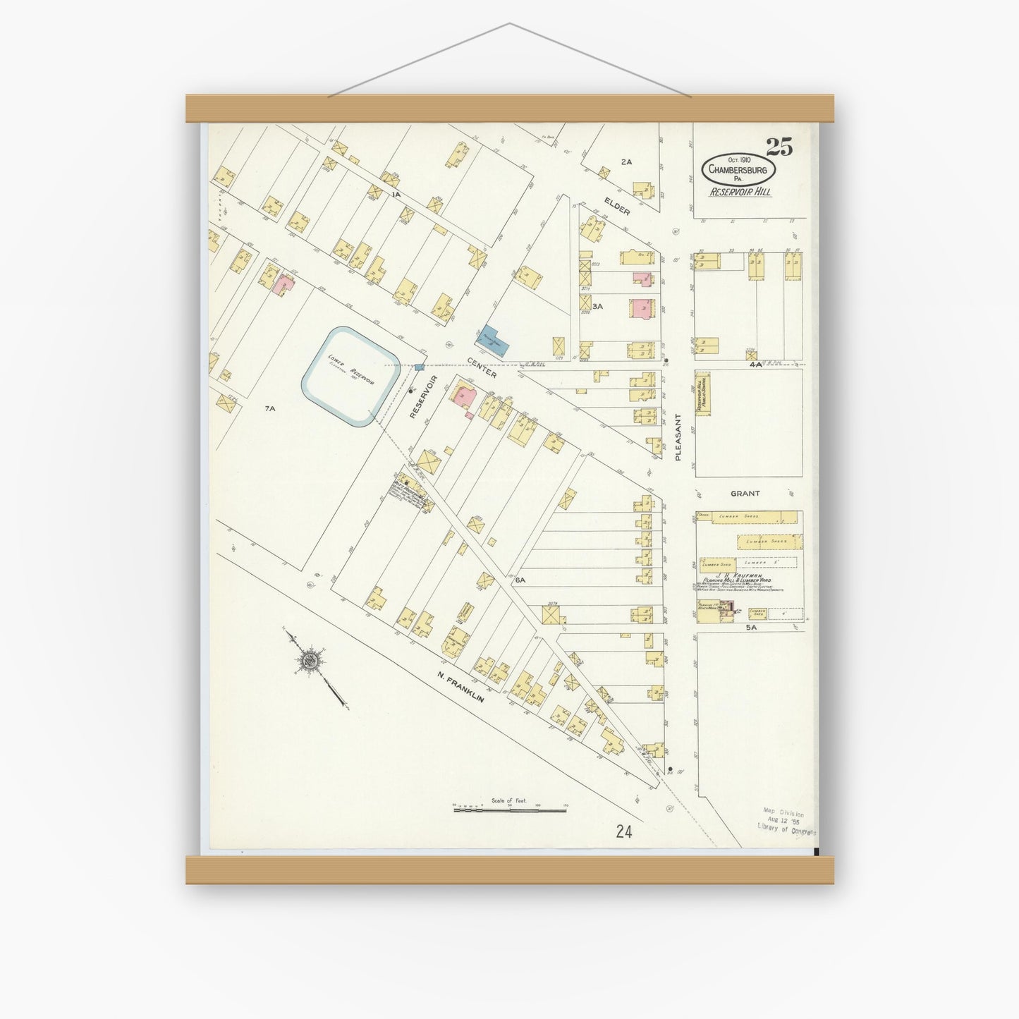 Old map wall art mockup — magnetic wood frame on white wall — Sanborn Fire Insurance Map from Chambersburg, Franklin County, Pennsylvania (1910), Sheet #0025