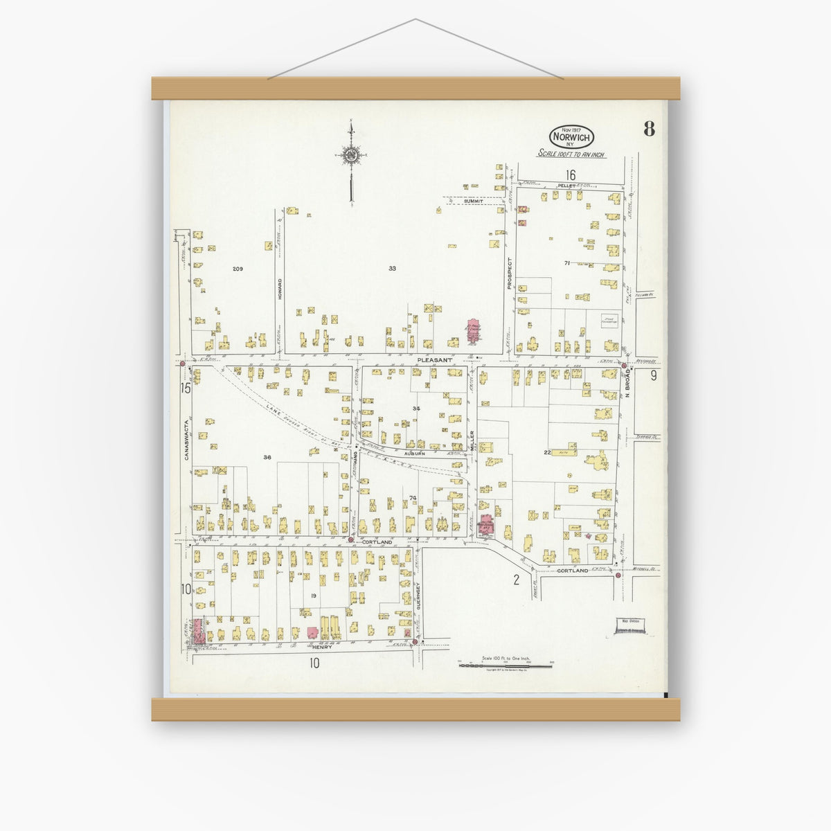 Old map wall art mockup — magnetic wood frame on white wall — Sanborn Fire Insurance Map from Norwich, Chenango County, New York (1917), Sheet #0008