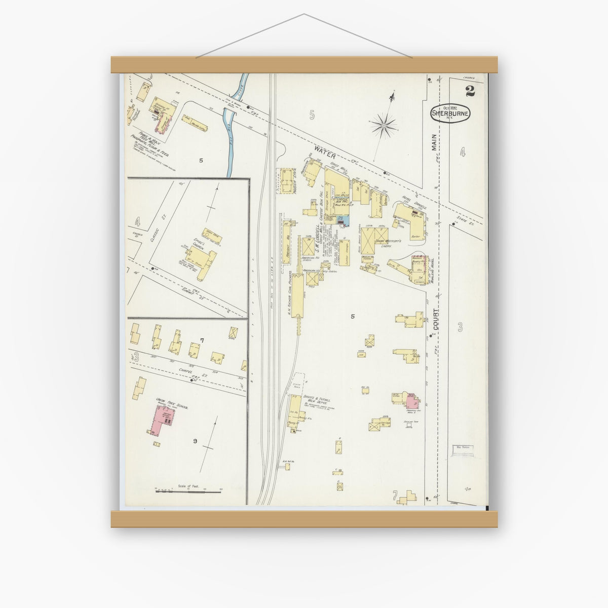 Old map wall art mockup — magnetic wood frame on white wall — Sanborn Fire Insurance Map from Sherburne, Chenango County, New York (1892), Sheet #0002