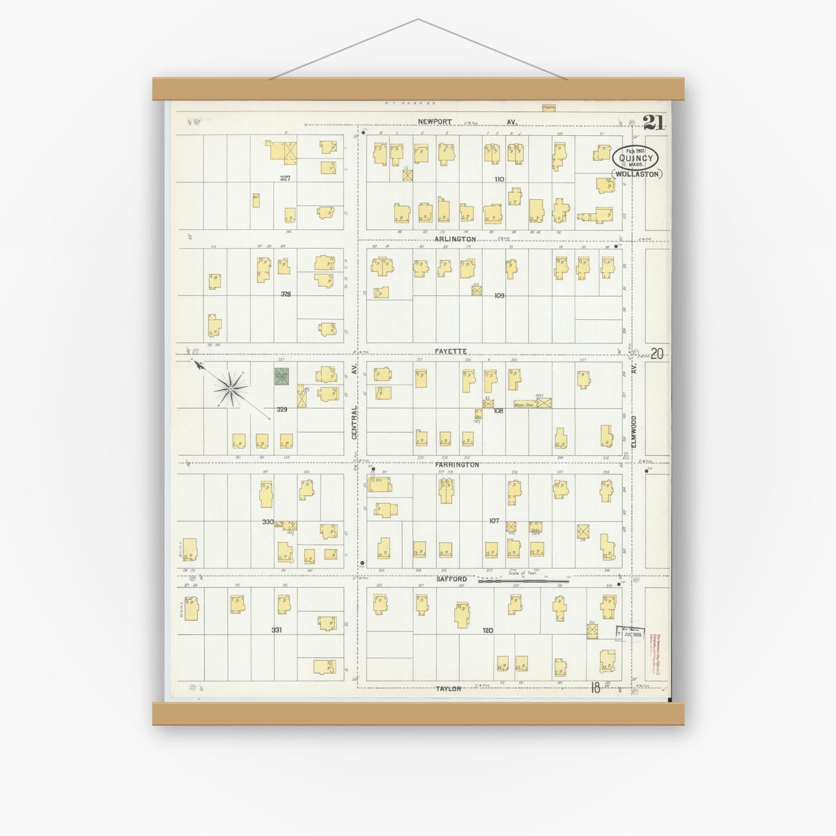 Old map wall art mockup — magnetic wood frame on white wall — Sanborn Fire Insurance Map from Quincy, Norfolk County, Massachusetts (1901), Sheet #0021