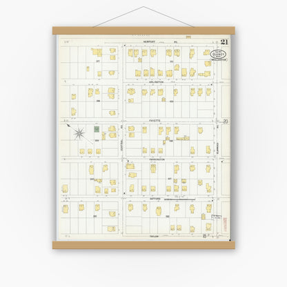Old map wall art mockup — magnetic wood frame on white wall — Sanborn Fire Insurance Map from Quincy, Norfolk County, Massachusetts (1901), Sheet #0021