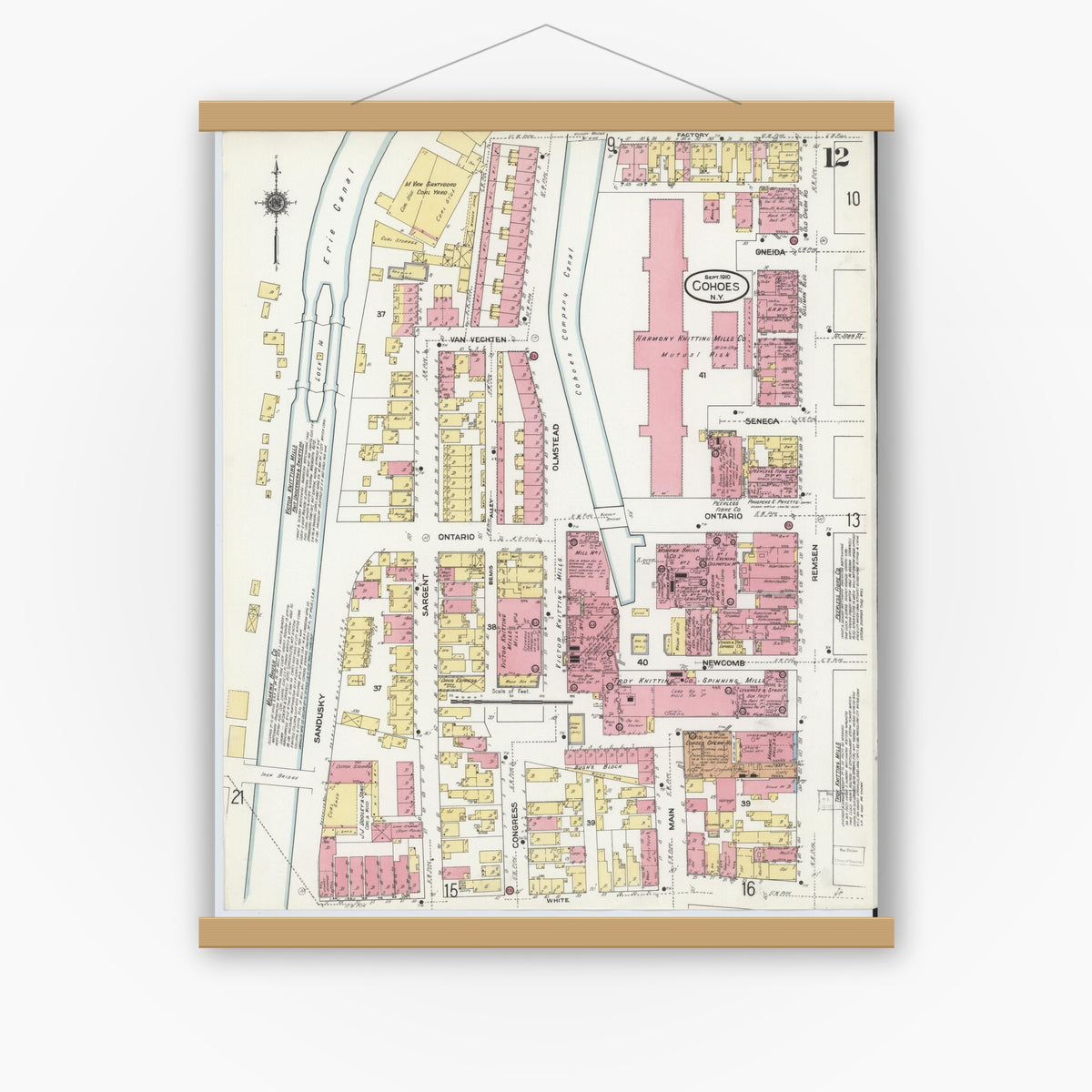 Old map wall art mockup — magnetic wood frame on white wall — Sanborn Fire Insurance Map from Cohoes, Albany County, New York (1910), Sheet #0013