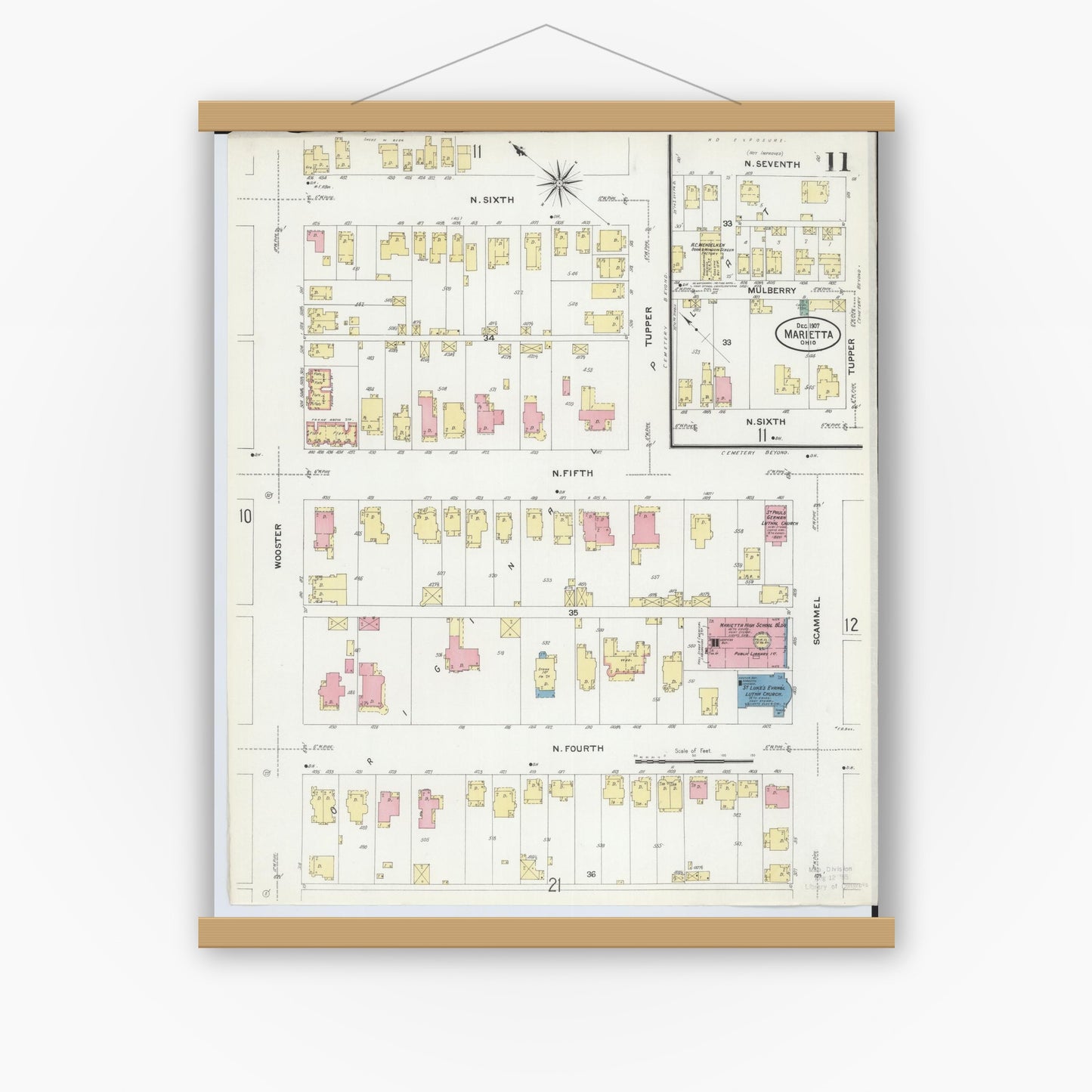 Old map wall art mockup — magnetic wood frame on white wall — Sanborn Fire Insurance Map from Marietta, Washington County, Ohio (1907), Sheet #0011