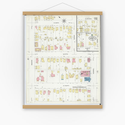 Old map wall art mockup — magnetic wood frame on white wall — Sanborn Fire Insurance Map from Marietta, Washington County, Ohio (1907), Sheet #0011