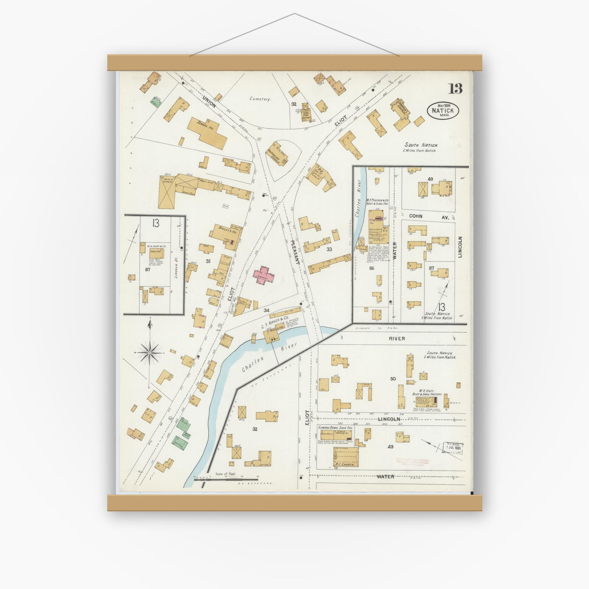 Old map wall art mockup — magnetic wood frame on white wall — Sanborn Fire Insurance Map from Natick, Middlesex County, Massachusetts (1899), Sheet #0013