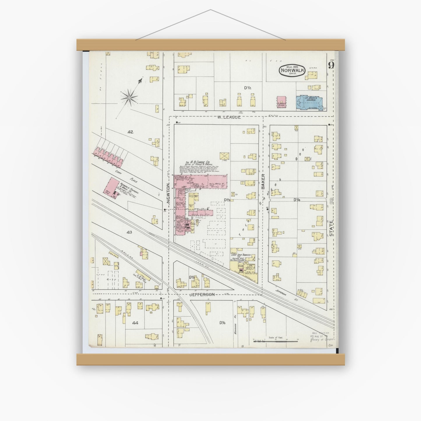 Old map wall art mockup — magnetic wood frame on white wall — Sanborn Fire Insurance Map from Norwalk, Huron County, Ohio (1893), Sheet #0009