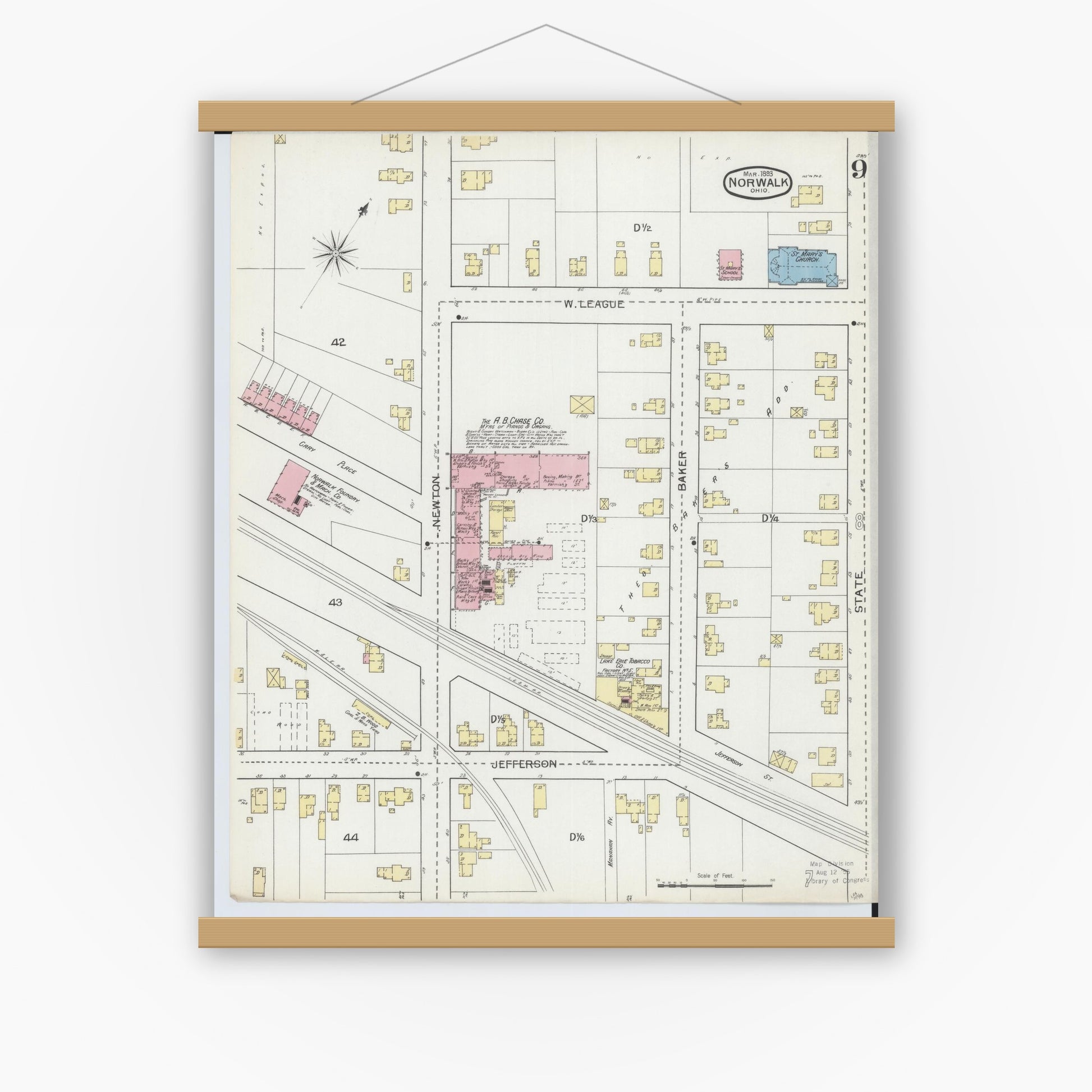Old map wall art mockup — magnetic wood frame on white wall — Sanborn Fire Insurance Map from Norwalk, Huron County, Ohio (1893), Sheet #0009