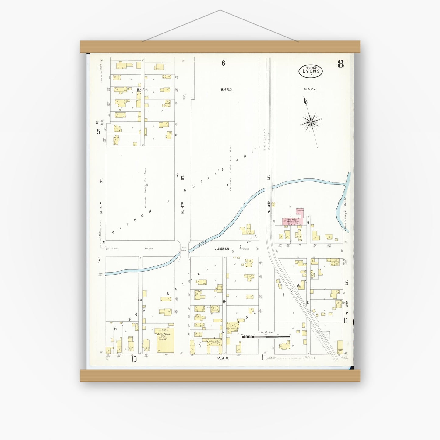 Old map wall art mockup — magnetic wood frame on white wall — Sanborn Fire Insurance Map from Lyons, Clinton County, Iowa (1909), Sheet #0008