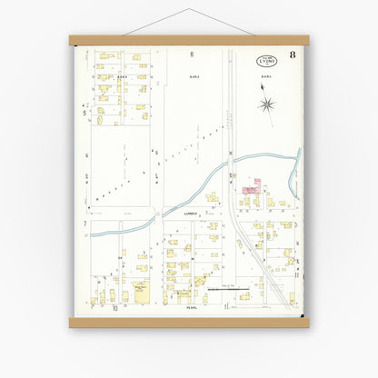 Old map wall art mockup — magnetic wood frame on white wall — Sanborn Fire Insurance Map from Lyons, Clinton County, Iowa (1909), Sheet #0008