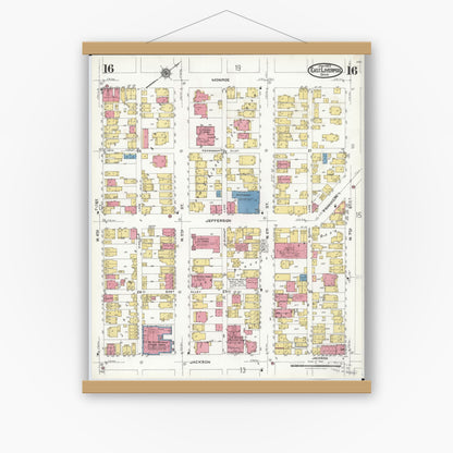 Old map wall art mockup — magnetic wood frame on white wall — Sanborn Fire Insurance Map from East Liverpool, Columbiana County, Ohio (1923), Sheet #0016