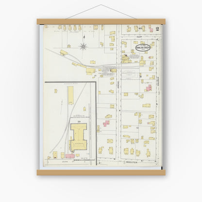 Old map wall art mockup — magnetic wood frame on white wall — Sanborn Fire Insurance Map from Bowling Green, Wood County, Ohio (1893), Sheet #0002