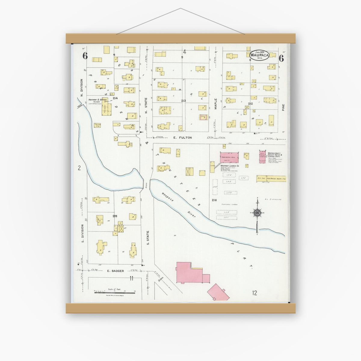 Old map wall art mockup — magnetic wood frame on white wall — Sanborn Fire Insurance Map from Waupaca, Waupaca County, Wisconsin (1924), Sheet #0006
