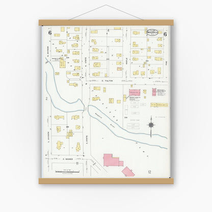 Old map wall art mockup — magnetic wood frame on white wall — Sanborn Fire Insurance Map from Waupaca, Waupaca County, Wisconsin (1924), Sheet #0006