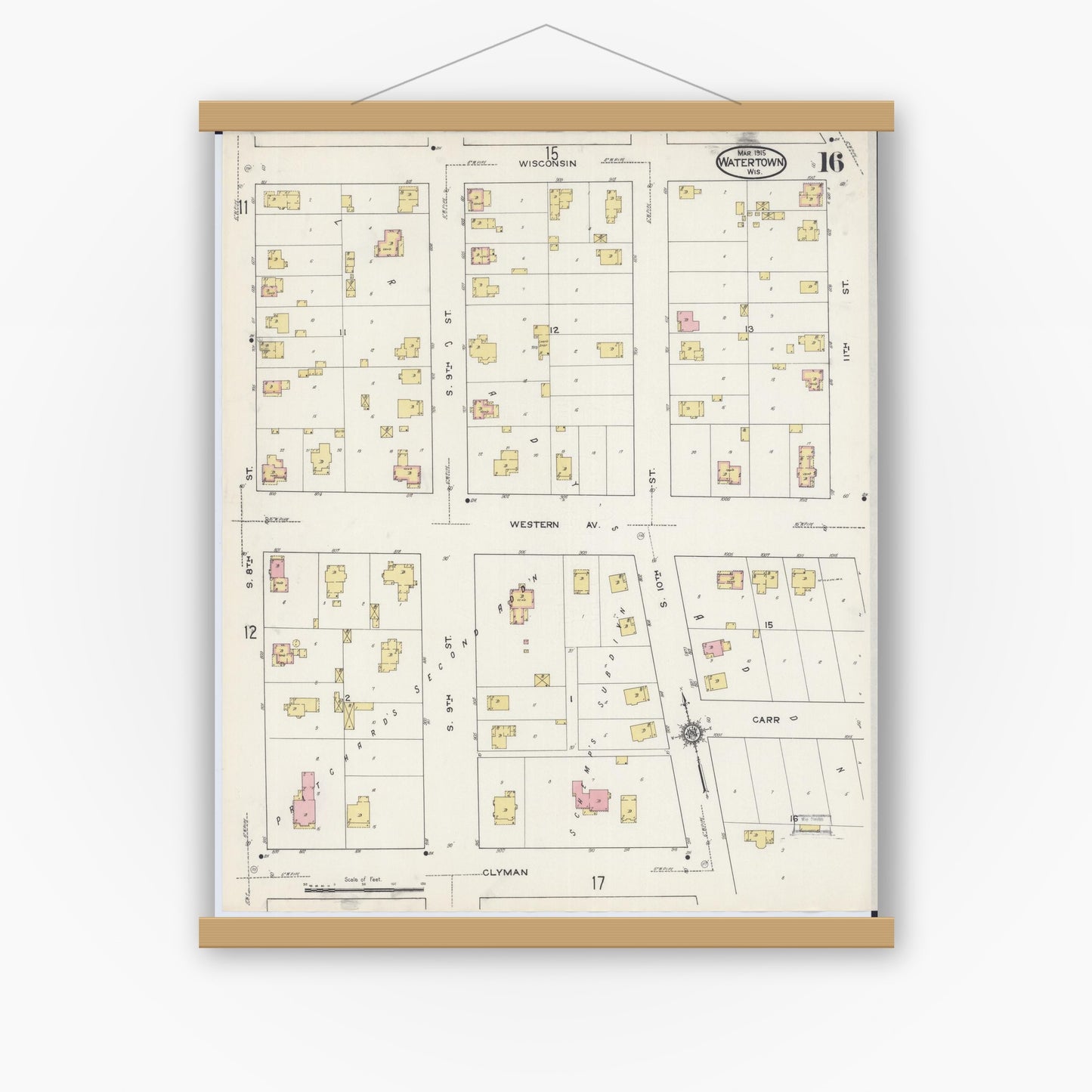 Old map wall art mockup — magnetic wood frame on white wall — Sanborn Fire Insurance Map from Watertown, Jefferson County, Wisconsin (1915), Sheet #0017