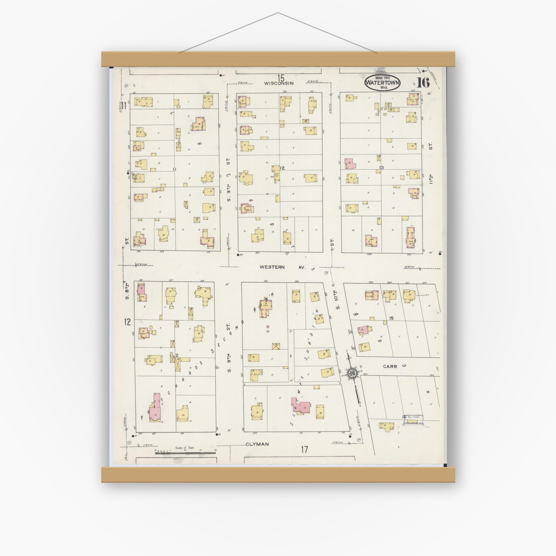 Old map wall art mockup — magnetic wood frame on white wall — Sanborn Fire Insurance Map from Watertown, Jefferson County, Wisconsin (1915), Sheet #0017