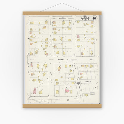 Old map wall art mockup — magnetic wood frame on white wall — Sanborn Fire Insurance Map from Watertown, Jefferson County, Wisconsin (1915), Sheet #0017