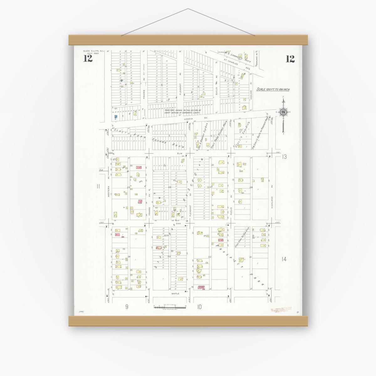Old map wall art mockup — magnetic wood frame on white wall — Sanborn Fire Insurance Map from Glen Ellyn, Du Page County, Illinois (1940), Sheet #0012