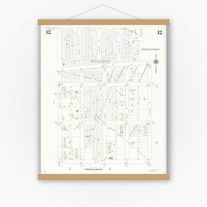 Old map wall art mockup — magnetic wood frame on white wall — Sanborn Fire Insurance Map from Glen Ellyn, Du Page County, Illinois (1940), Sheet #0012