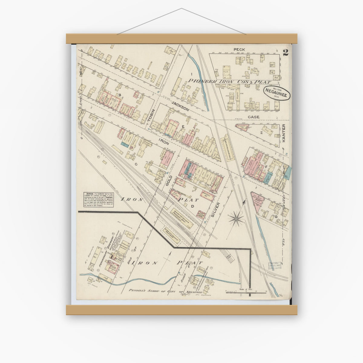 Old map wall art mockup — magnetic wood frame on white wall — Sanborn Fire Insurance Map from Negaunee, Marquette County, Michigan (1884), Sheet #0002