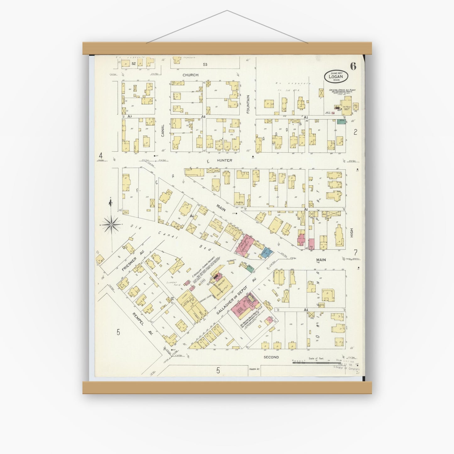 Old map wall art mockup — magnetic wood frame on white wall — Sanborn Fire Insurance Map from Logan, Hocking County, Ohio (1907), Sheet #0006