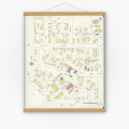 Old map wall art mockup — magnetic wood frame on white wall — Sanborn Fire Insurance Map from Logan, Hocking County, Ohio (1907), Sheet #0006