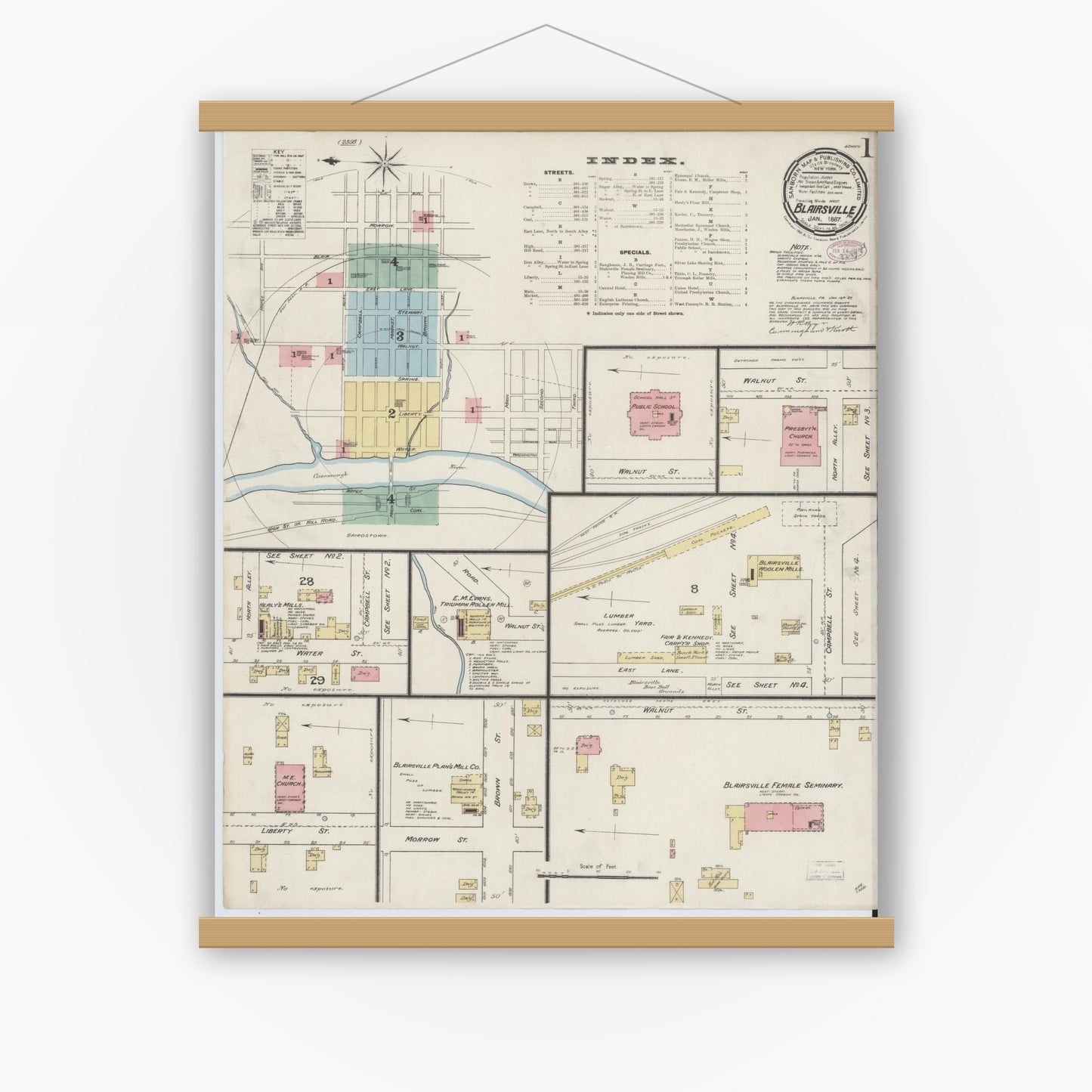 Old map wall art mockup — magnetic wood frame on white wall — Sanborn Fire Insurance Map from Blairsville, Indiana County, Pennsylvania (1887), Sheet #0001
