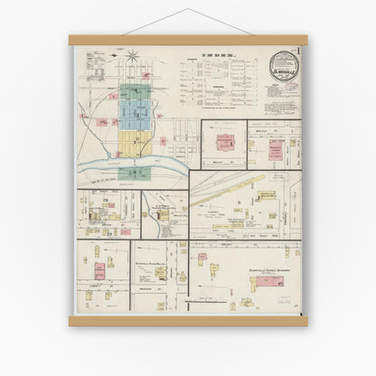 Old map wall art mockup — magnetic wood frame on white wall — Sanborn Fire Insurance Map from Blairsville, Indiana County, Pennsylvania (1887), Sheet #0001