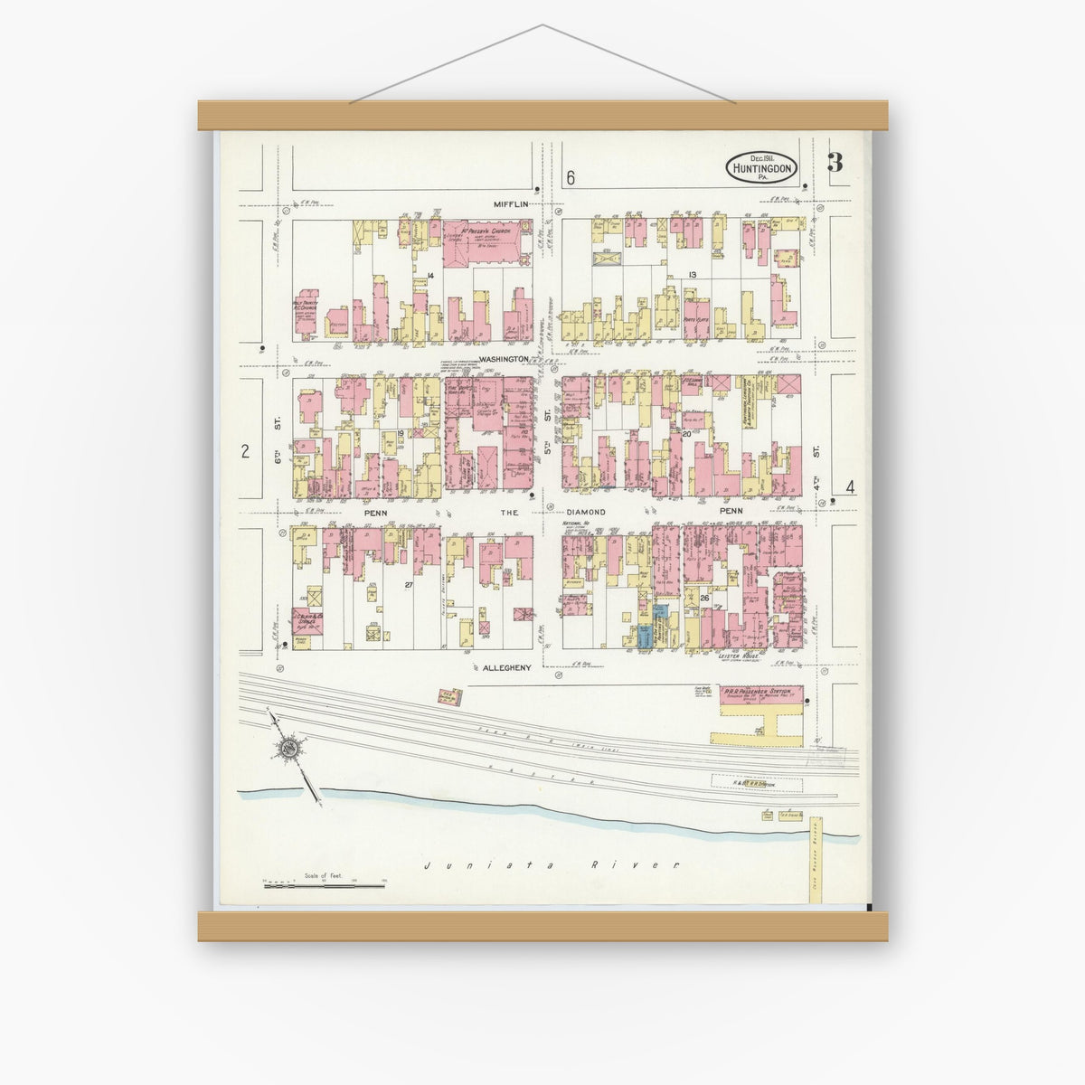 Old map wall art mockup — magnetic wood frame on white wall — Sanborn Fire Insurance Map from Huntingdon, Huntingdon County, Pennsylvania (1911), Sheet #0003