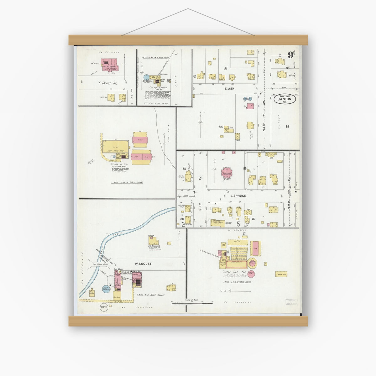 Old map wall art mockup — magnetic wood frame on white wall — Sanborn Fire Insurance Map from Canton, Fulton County, Illinois (1902), Sheet #0009