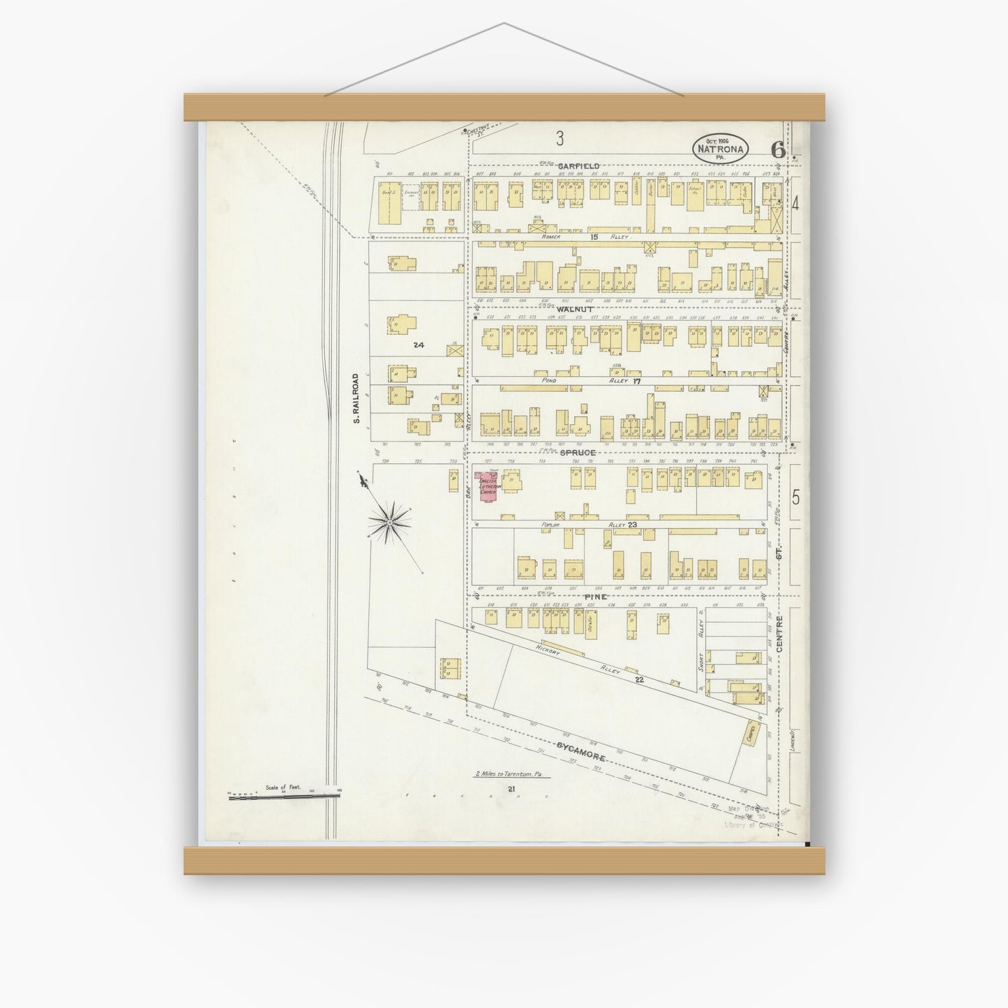 Old map wall art mockup — magnetic wood frame on white wall — Sanborn Fire Insurance Map from Natrona, Allegheny County, Pennsylvania (1906), Sheet #0006