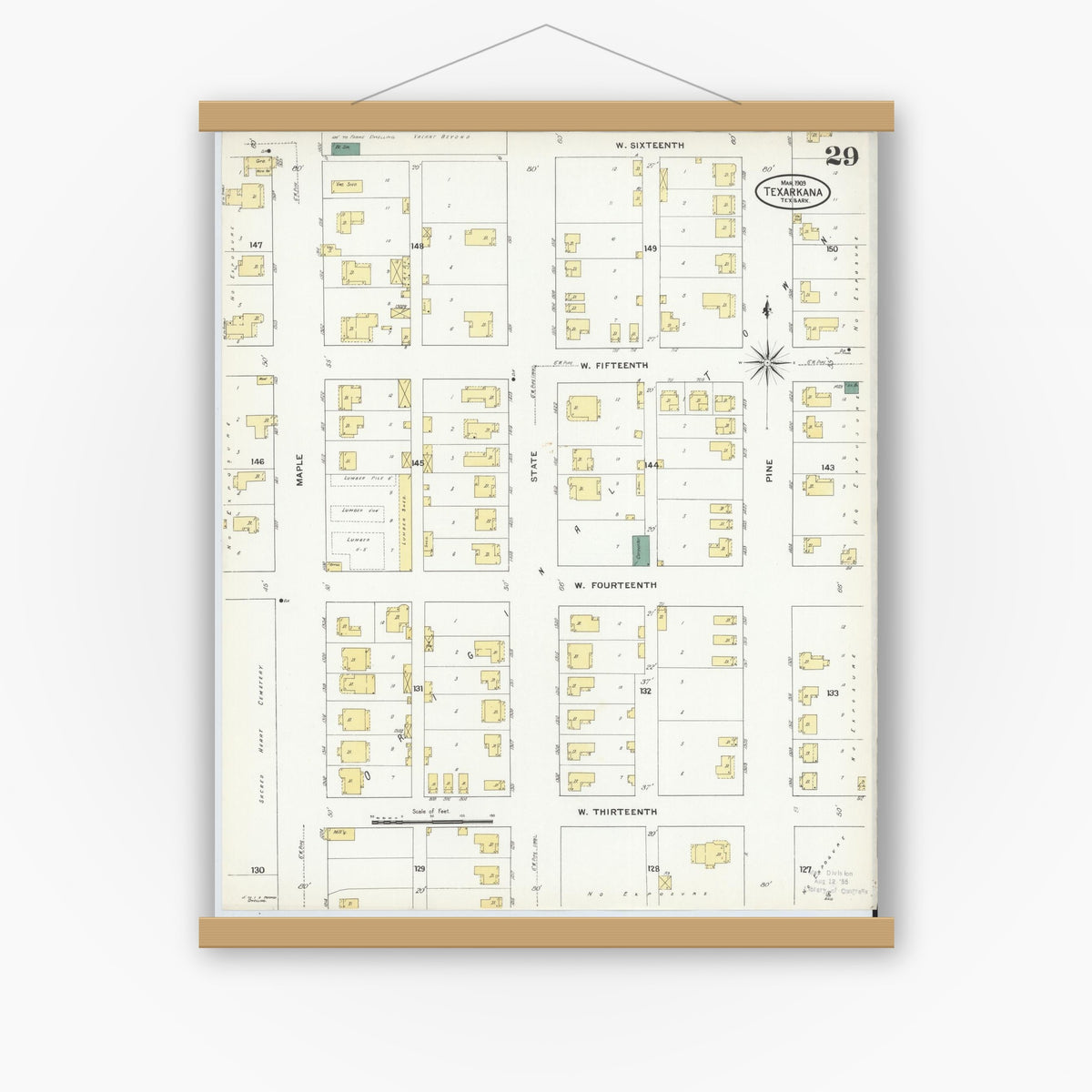 Old map wall art mockup — magnetic wood frame on white wall — Sanborn Fire Insurance Map from Texarkana, Bowie County, Texas (1909), Sheet #0029