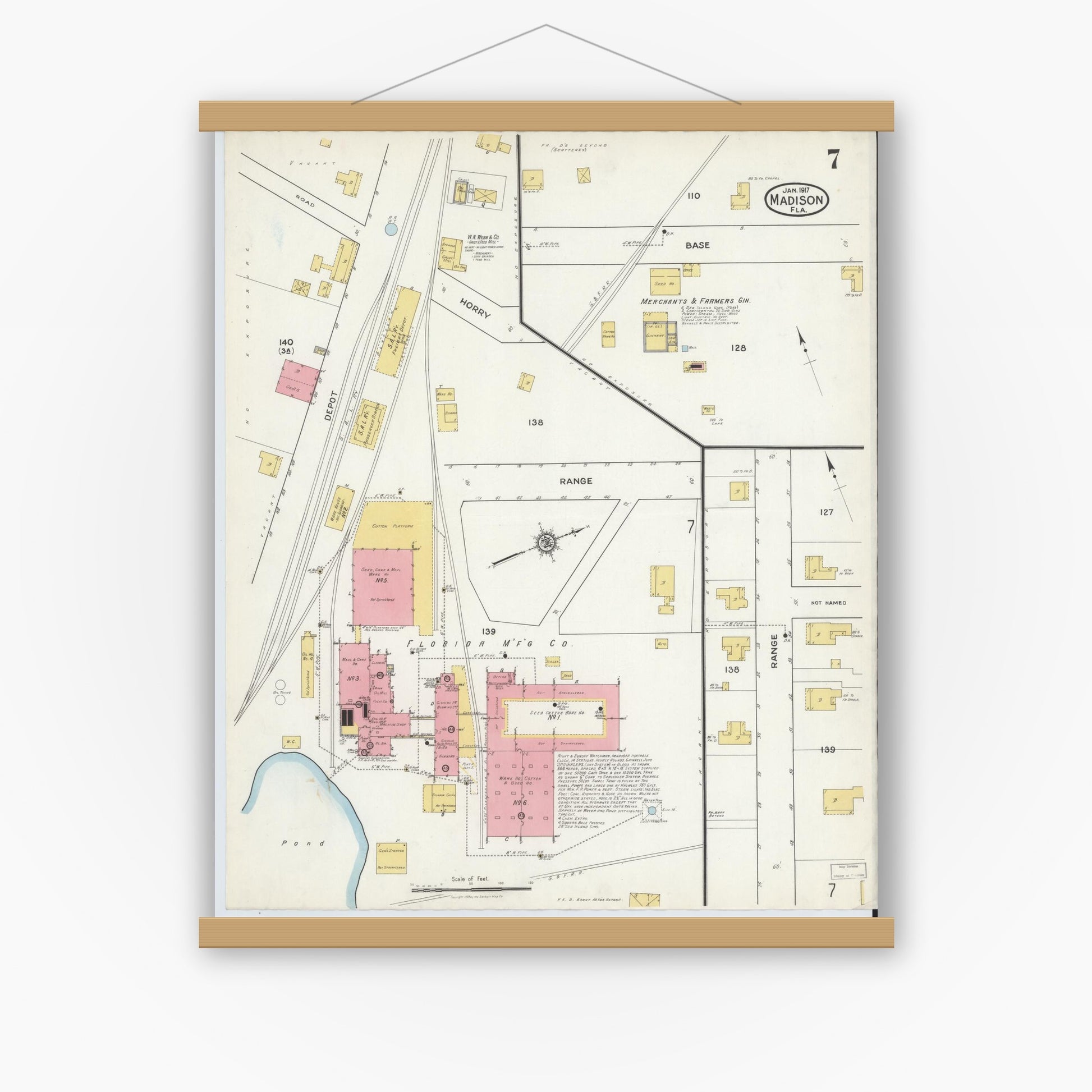 Old map wall art mockup — magnetic wood frame on white wall — Sanborn Fire Insurance Map from Madison, Madison County, Florida (1917), Sheet #0007