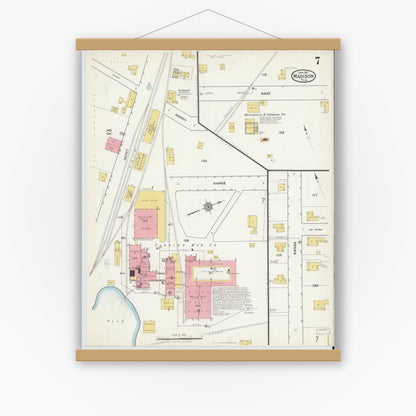 Old map wall art mockup — magnetic wood frame on white wall — Sanborn Fire Insurance Map from Madison, Madison County, Florida (1917), Sheet #0007