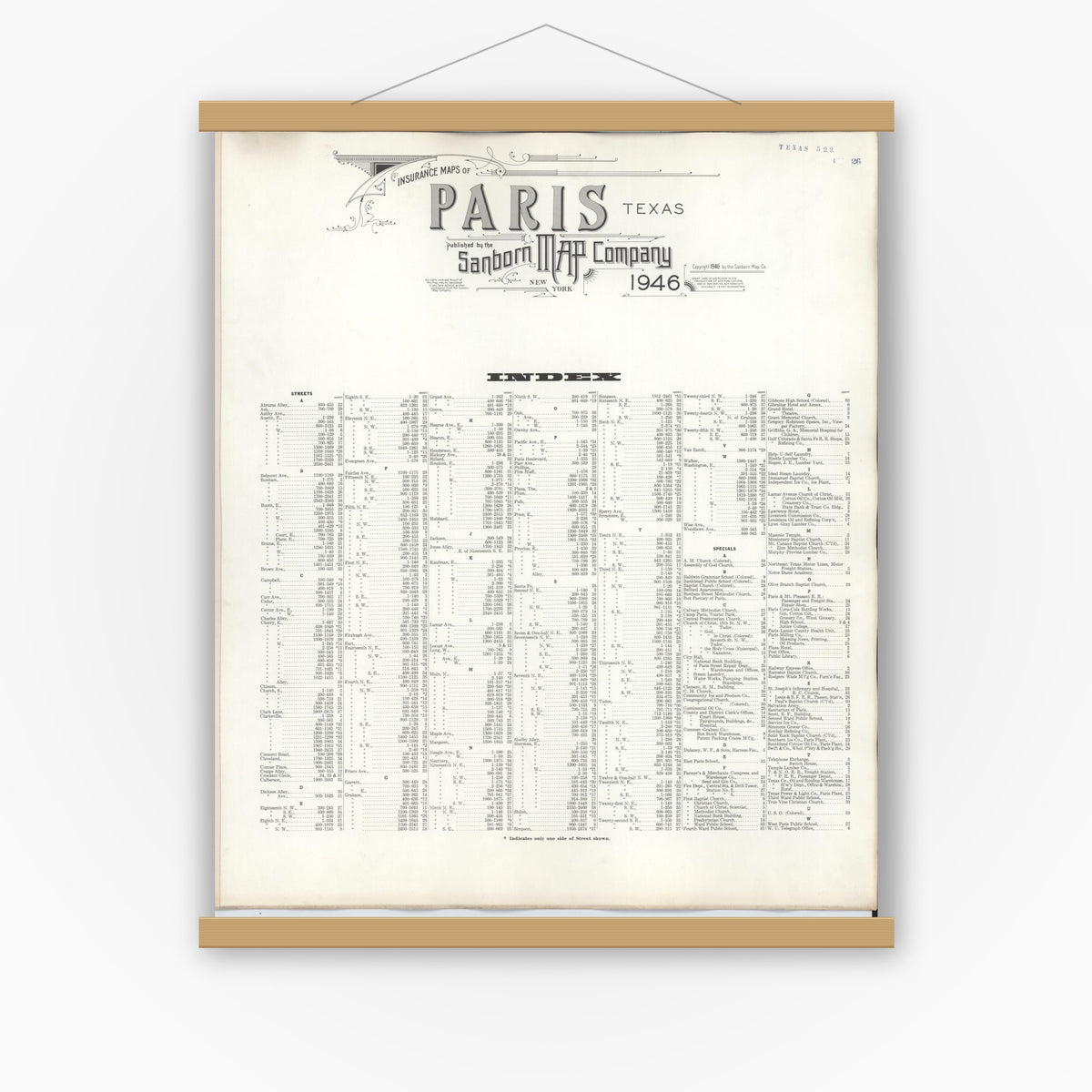 Old map wall art mockup — magnetic wood frame on white wall — Sanborn Fire Insurance Map from Paris, Lamar County, Texas (1950), Sheet #0001