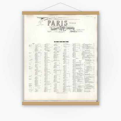 Old map wall art mockup — magnetic wood frame on white wall — Sanborn Fire Insurance Map from Paris, Lamar County, Texas (1950), Sheet #0001