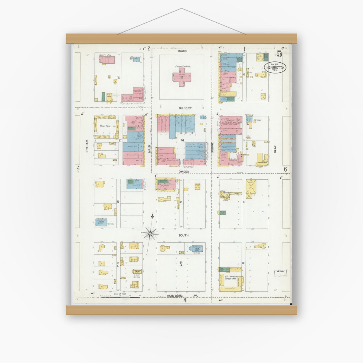 Old map wall art mockup — magnetic wood frame on white wall — Sanborn Fire Insurance Map from Henrietta, Clay County, Texas (1902), Sheet #0005