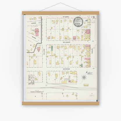 Old map wall art mockup — magnetic wood frame on white wall — Sanborn Fire Insurance Map from Decatur, Van Buren County, Michigan (1892) - Complete Map Set