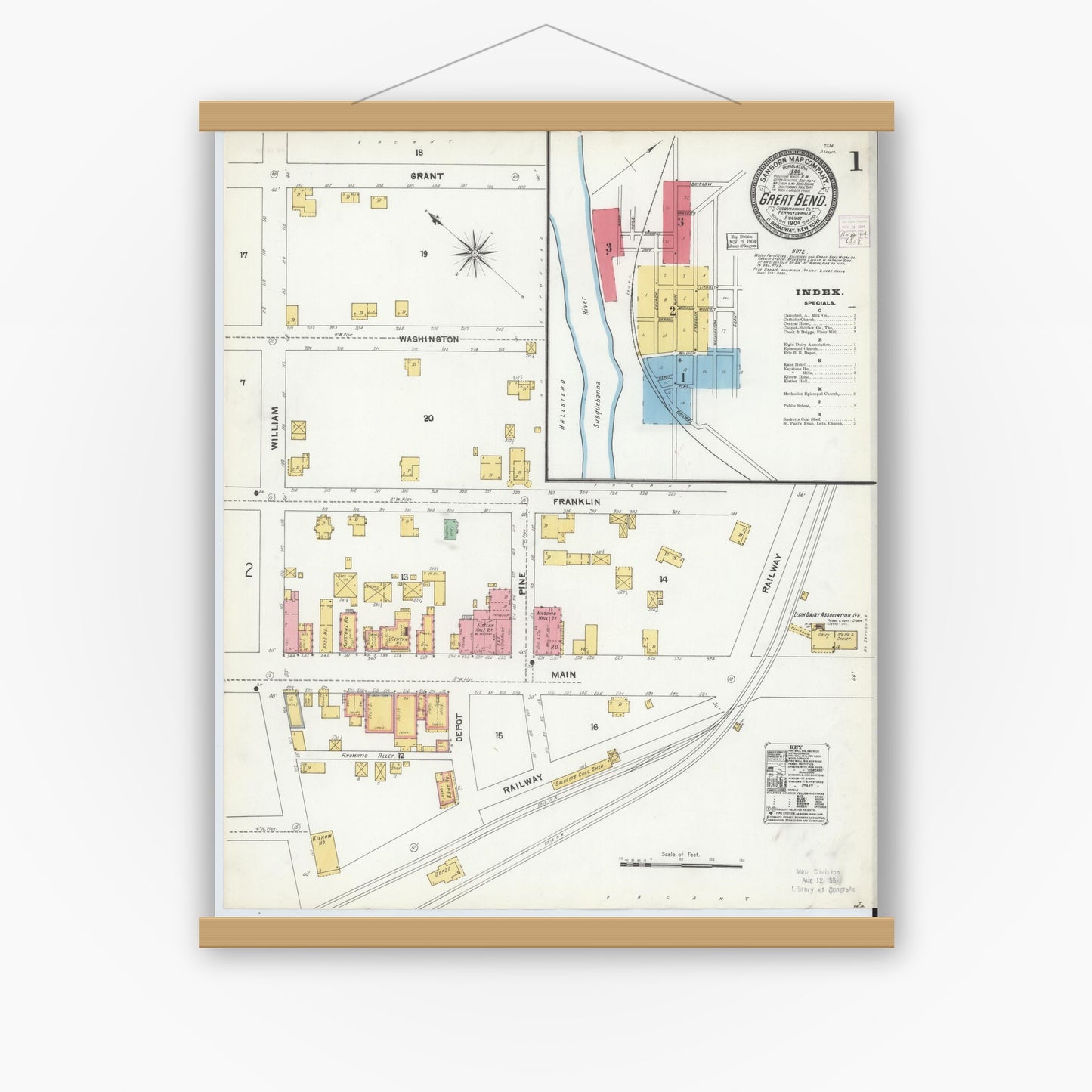 Old map wall art mockup — magnetic wood frame on white wall — Sanborn Fire Insurance Map from Great Bend, Susquehanna County, Pennsylvania (1904), Sheet #0001
