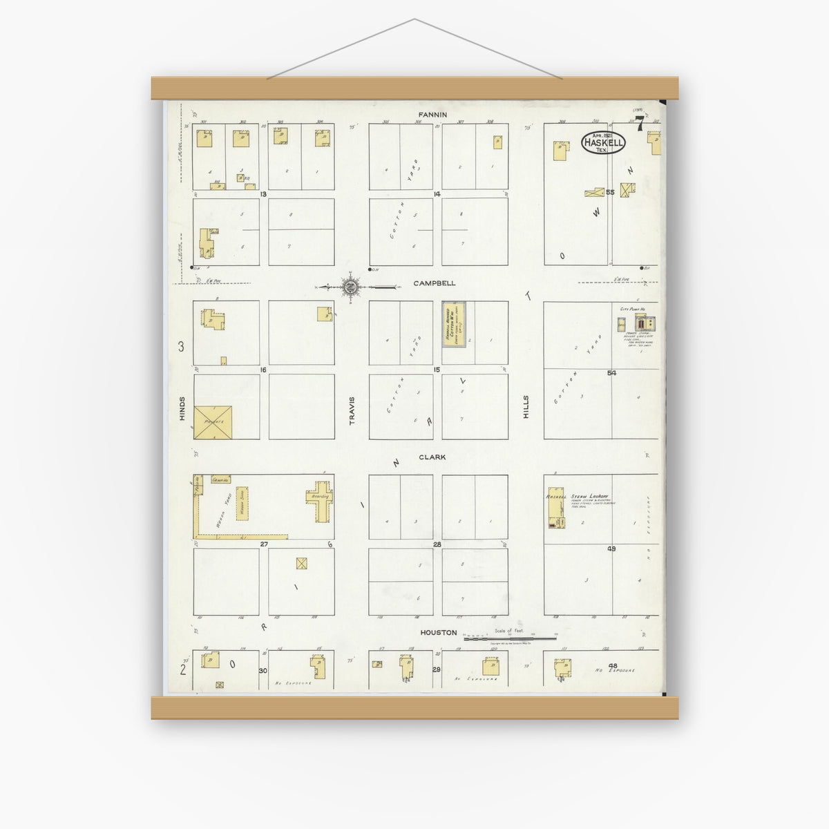 Old map wall art mockup — magnetic wood frame on white wall — Sanborn Fire Insurance Map from Haskell, Haskell County, Texas (1921), Sheet #0007