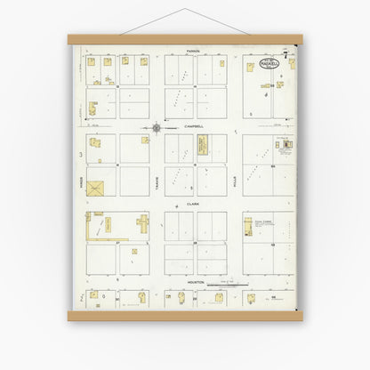 Old map wall art mockup — magnetic wood frame on white wall — Sanborn Fire Insurance Map from Haskell, Haskell County, Texas (1921), Sheet #0007