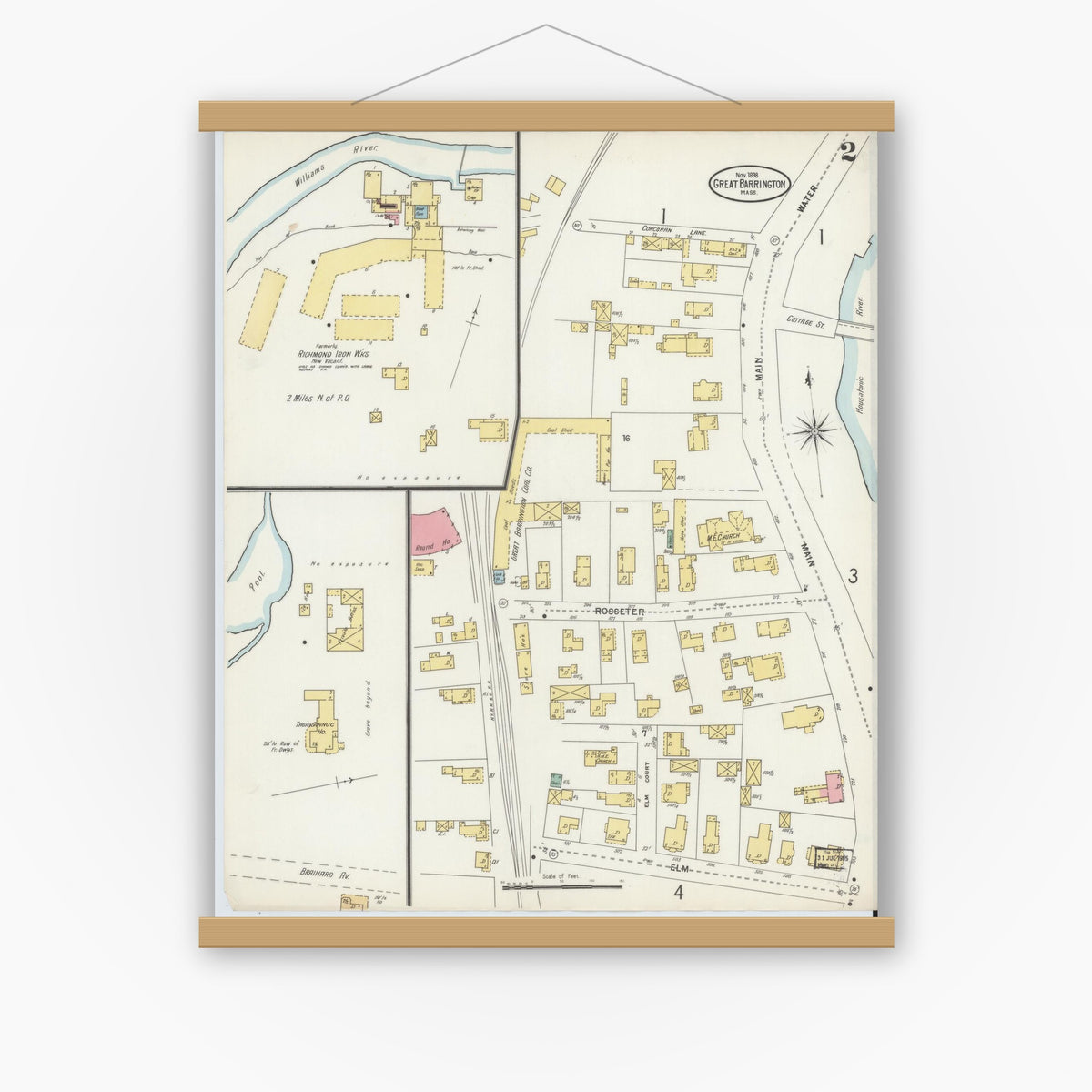 Old map wall art mockup — magnetic wood frame on white wall — Sanborn Fire Insurance Map from Great Barrington, Berkshire County, Massachusetts (1898), Sheet #0002